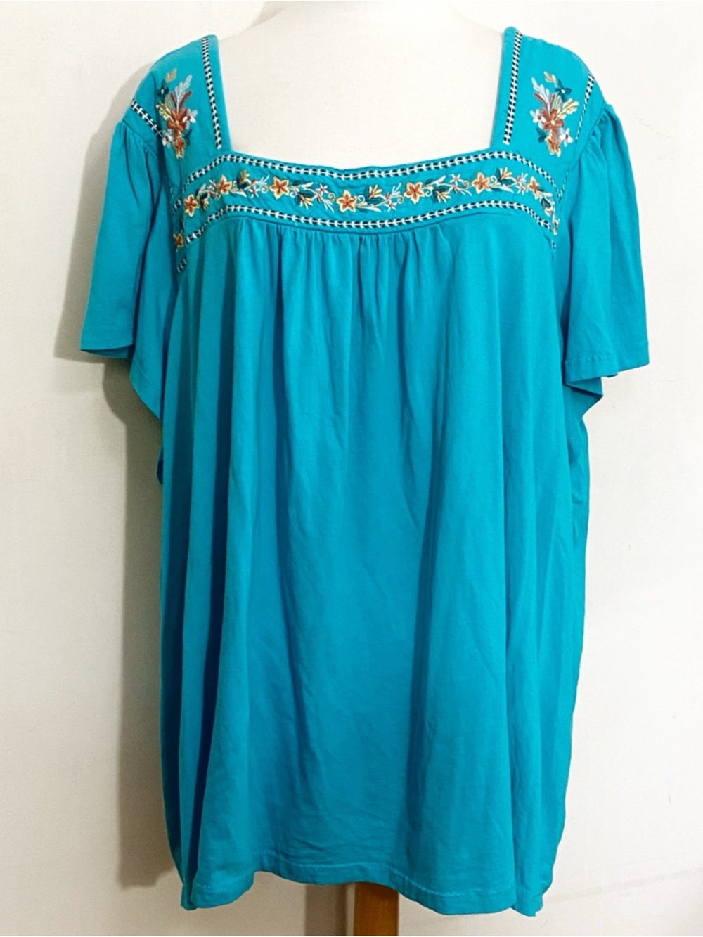 Woman Within Cap Sleeve Turquoise Embroidered Square Neck Tunic Top 4X